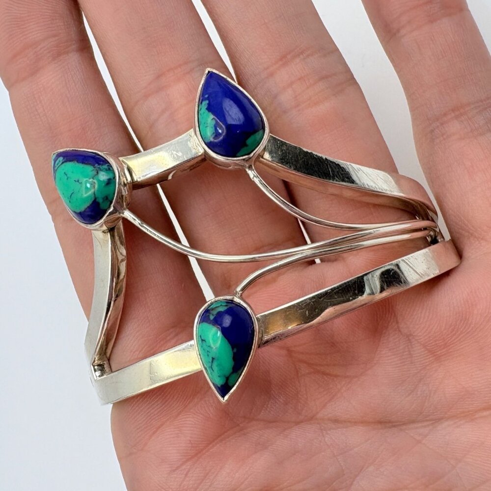 Azurite Teardrop Hinged Bangle Bracelet VTG Sterling Silver Size 7.5" Fit